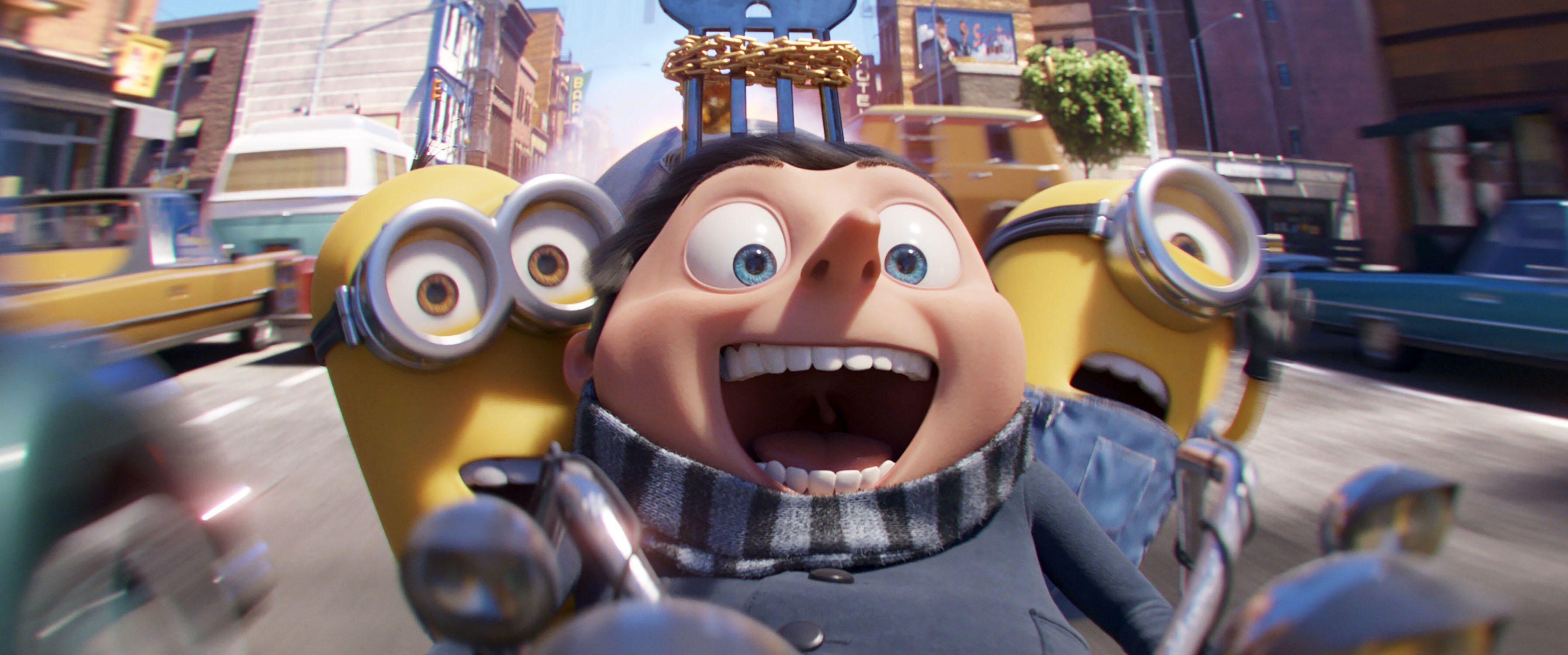 A young Gru rides a motorcycle with a pair of minions