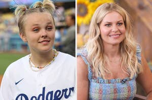 JoJo Siwa appears at a baseball game vs Candace Cameron Bure smiles in an interview