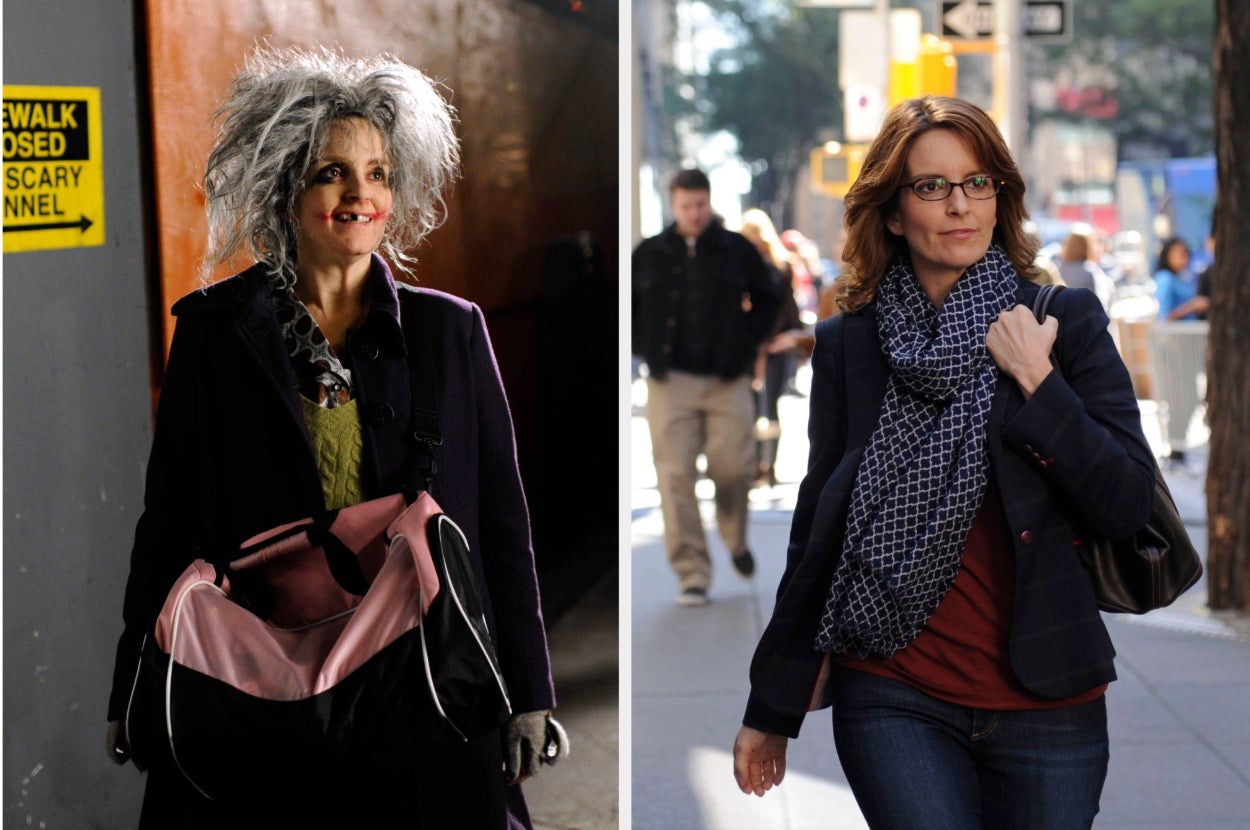 Tina Fey dressed as an old homeless woman in the left photo and she walks on the pavement in the right photo