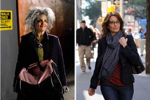 Tina Fey dressed as an old homeless woman in the left photo and she walks on the pavement in the right photo