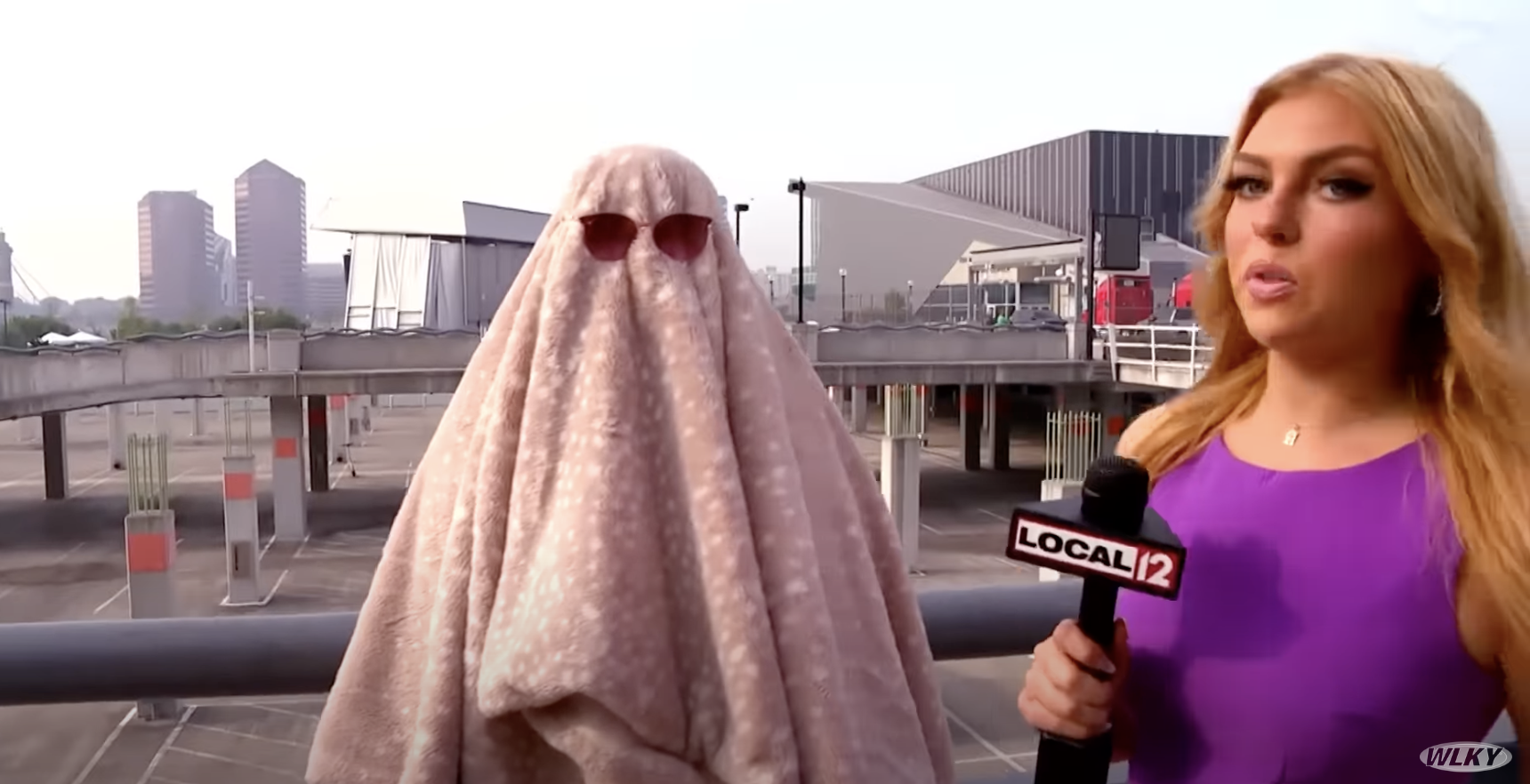 Reporter interviewing a person wearing a &quot;Cousin It&quot;–type outfit, with a blanket over their head, and sunglasses