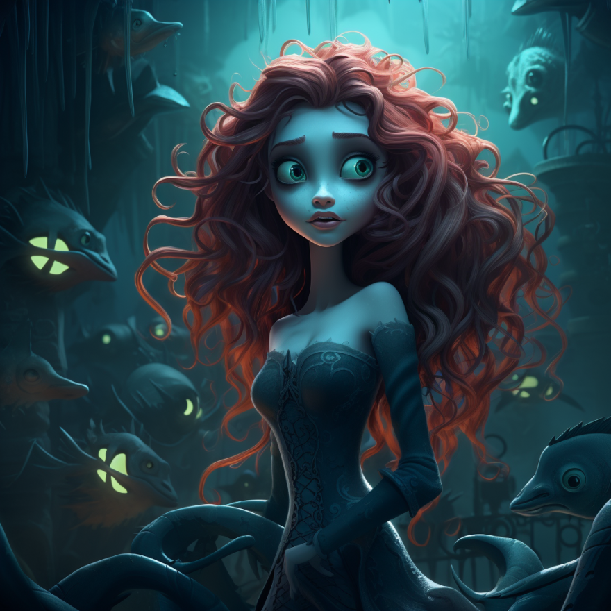 Ariel is surrounded by several eels that are glowing with light