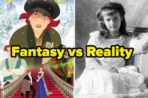 Poster for the Animated film Anastasia right beside the Black and white photo of the real Anastasia. the words "Fantasy Vs Reality" is written on both images. 