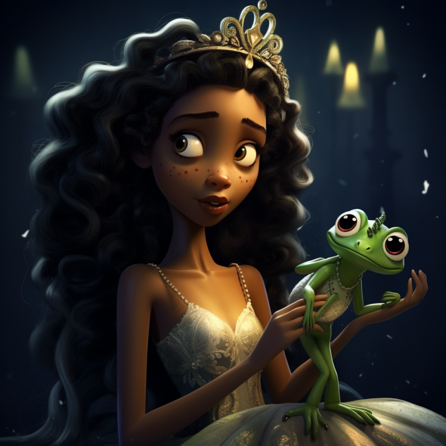 Tiana wearing a crown and a holding a grinning frog
