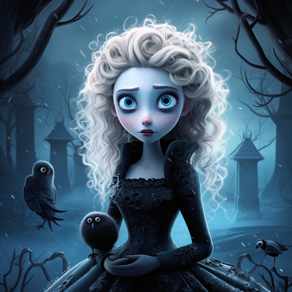 Elsa wearing a dark dress and in what appears to be a graveyard