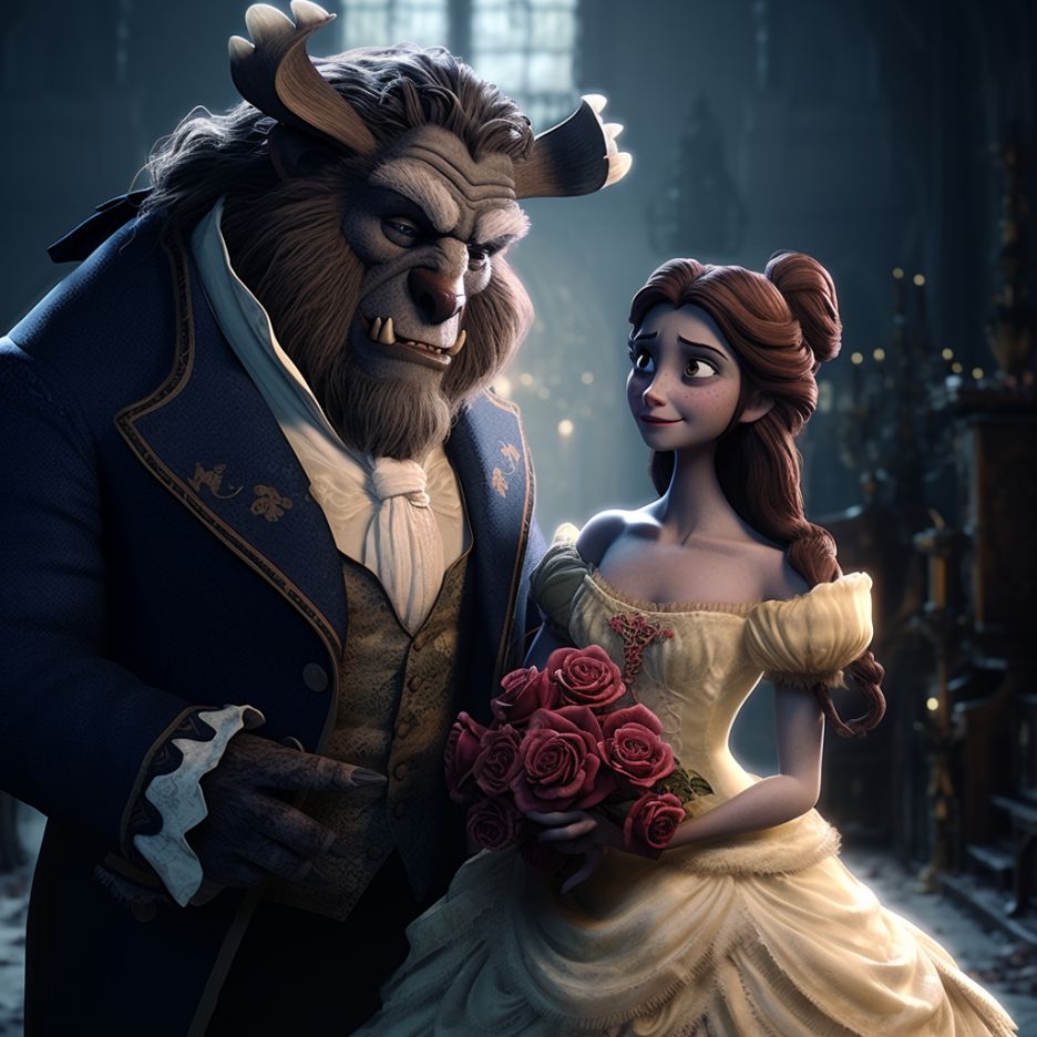 The two lead characters dressed in finery, with Belle holding a bouquet of roses