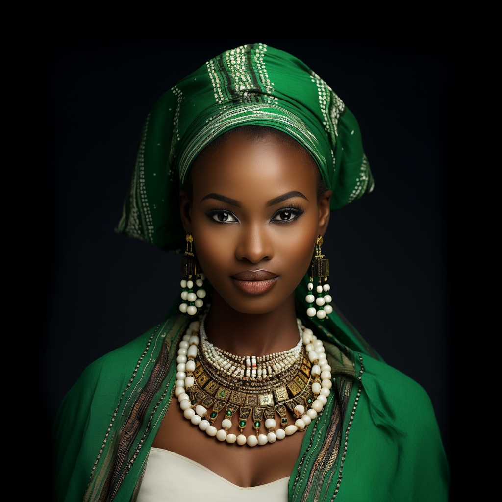 A woman in a green buba top and gele head wrap, along with an ornate, multistrand necklace and long earrings