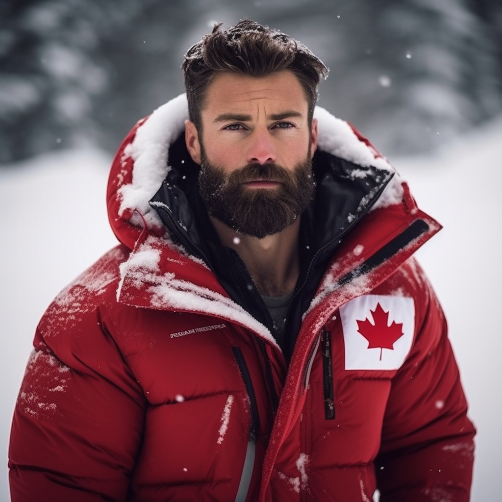A brunette man with a beard and mustache and a Canadian flag on his red jacket while he stands in the snow