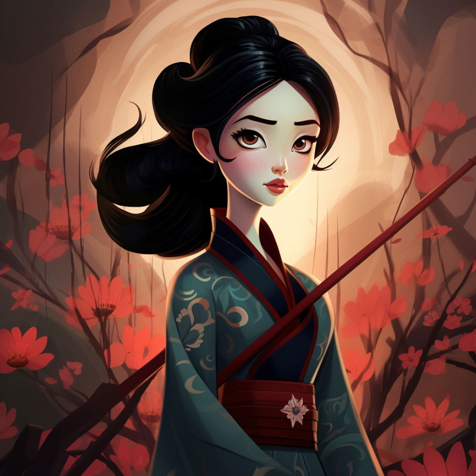 Mulan sits in a kimono as if she&#x27;s posing for a portrait, with flowers and tree branches behind her