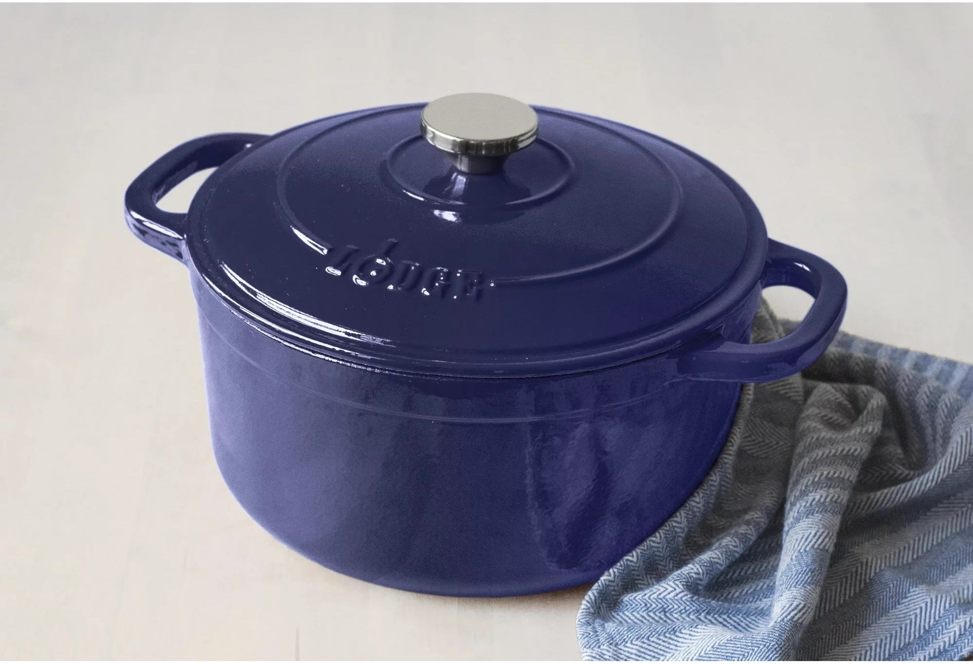 blue dutch oven on a table