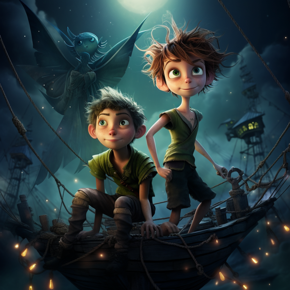 Peter and another boy sit on a boat with a giant Tinkerbell, larger than both boys, hovering above them