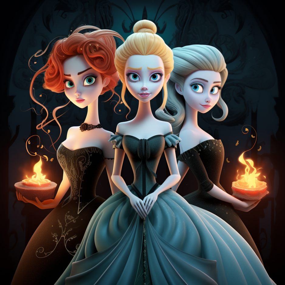 Cinderella smiles in the center, while her sinister-looking stepsisters hold flames and flank her on either side