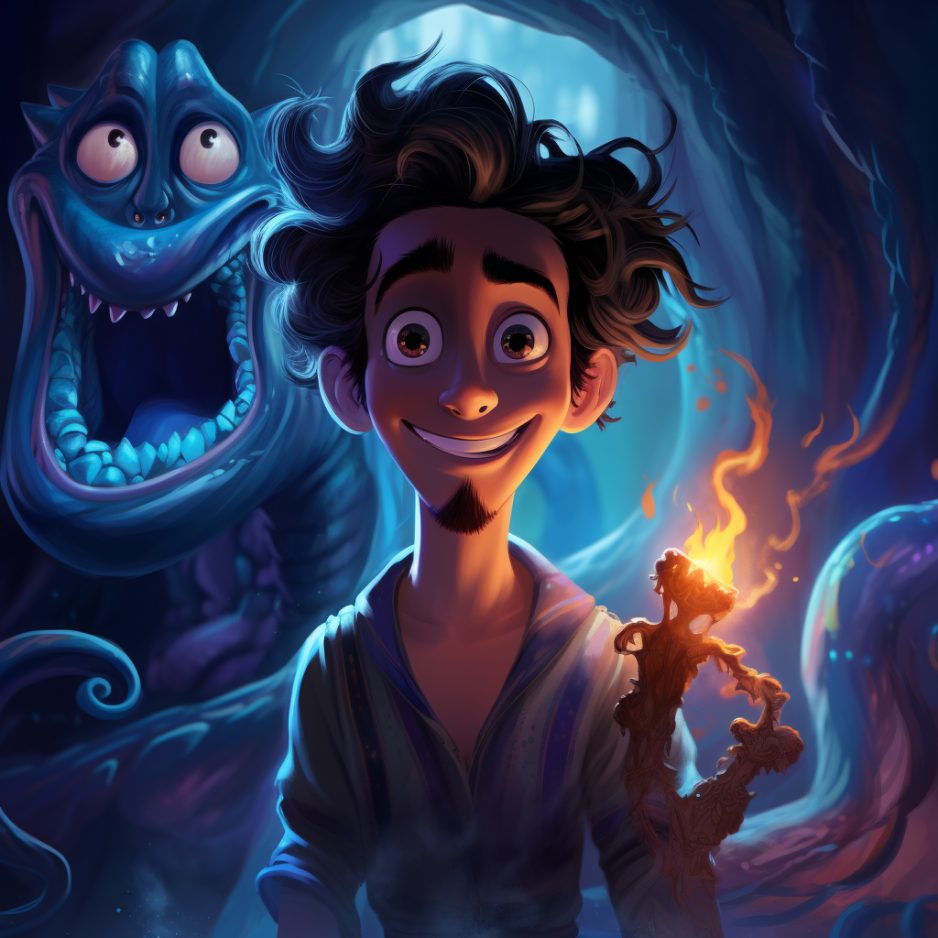 A grinning Aladdin holds something that is on fire, while a giant genie head with its mouth open floats over his shoulder