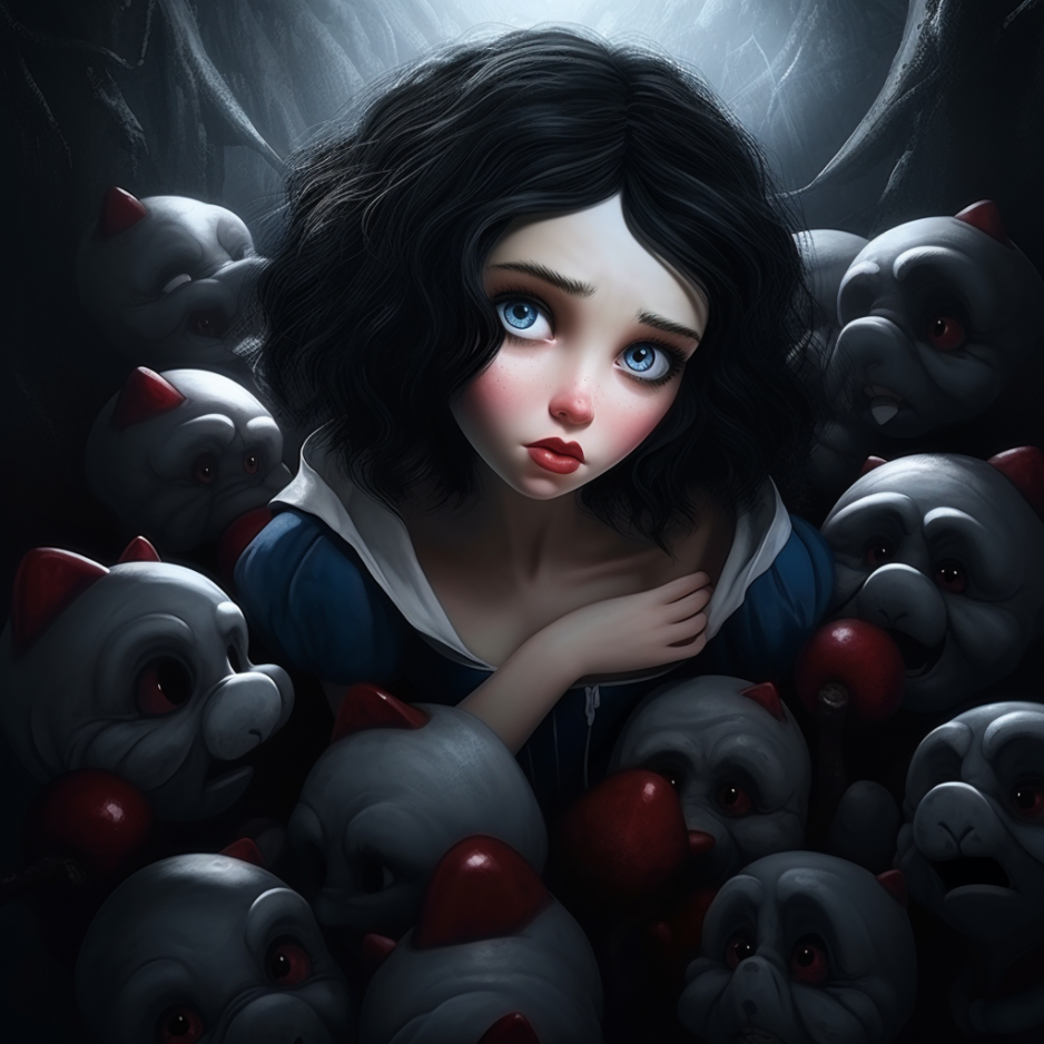 Snow White has a group of more than seven dwarves surrounding her so tightly she can&#x27;t move