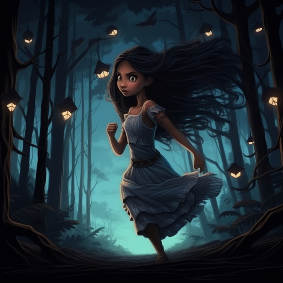An angry-looking Pocahontas runs through a dark and creepy forest