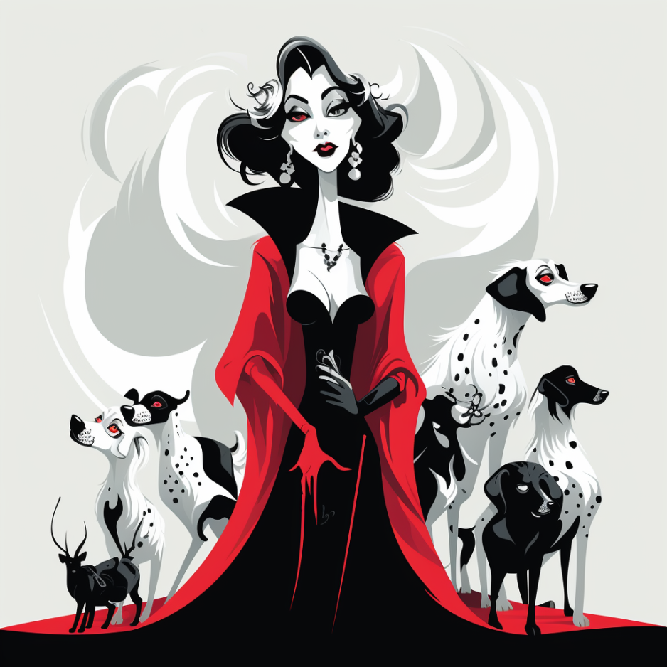 Cruella de Vil flanked on both sides by dogs, some of which are spotted like Dalmatians and others of which are purely black; one of the dogs has antlers