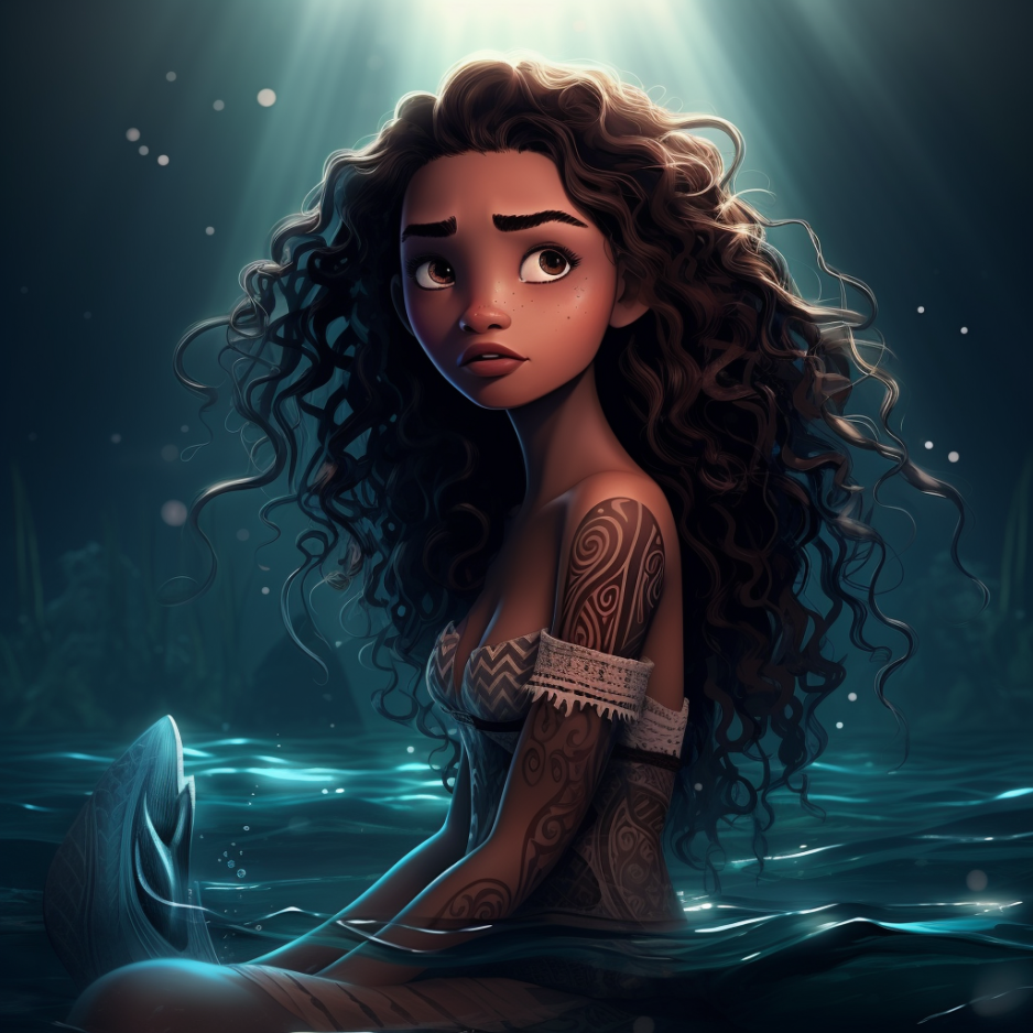 Moana sitting in water and looking up at the sky