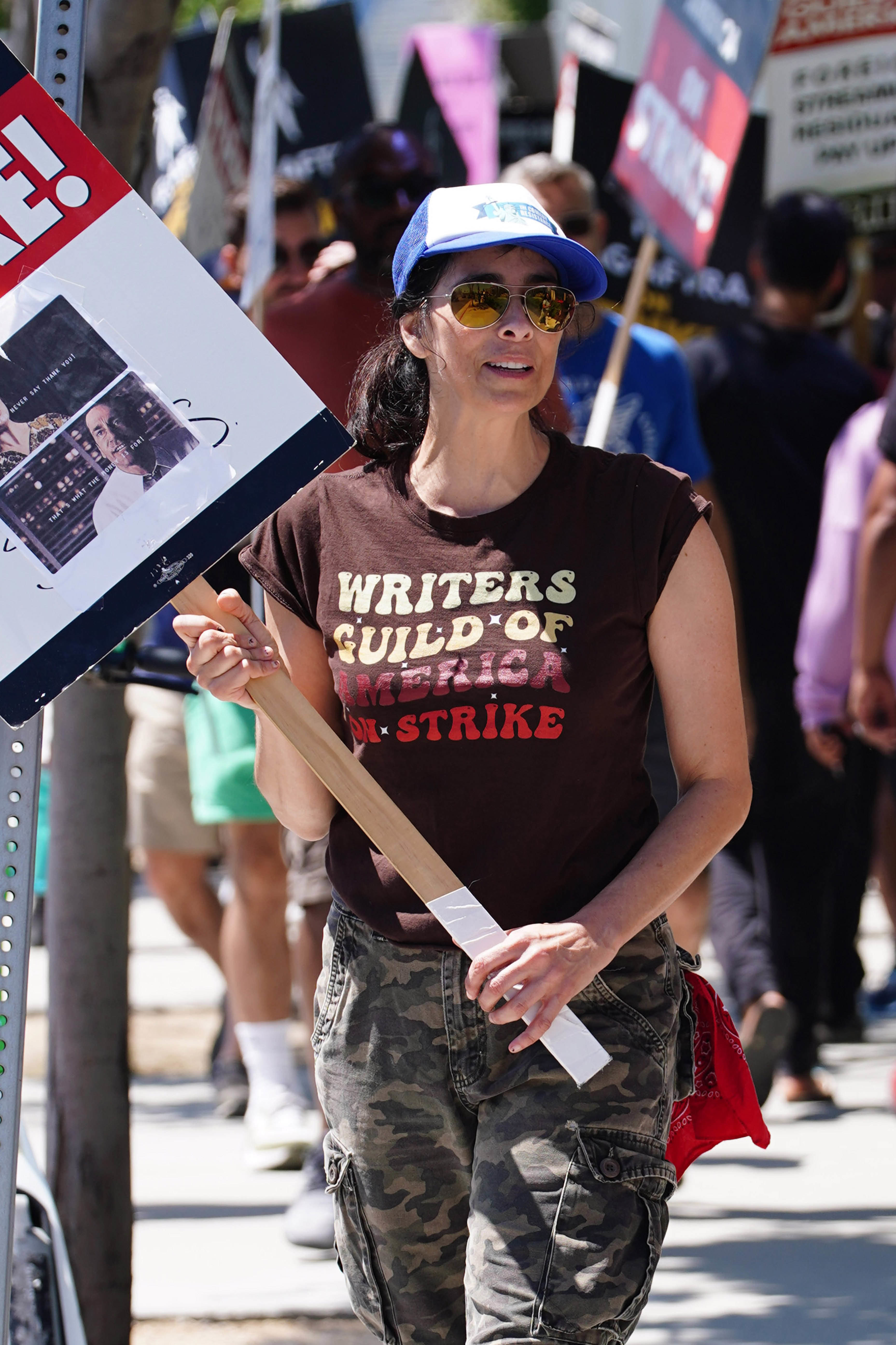 Closeup of Sarah Silverman at a SAG-AFTRA protest