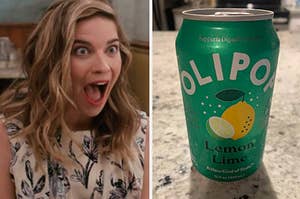 Alexis Rose from "Schitt's Creek" and a can of Olipop Prebiotic Soda