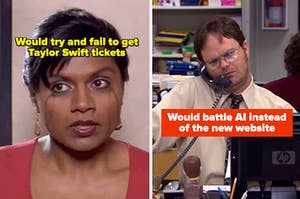 kelly kapoor with text saying she'd try and fail to get taylor swift tickets and dwight schrute with the text would battle AI instead of the new website