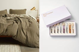 on left: green linen comforter and matching pillows on bed. on right: Maison Francis Kurkdjian mini perfume set