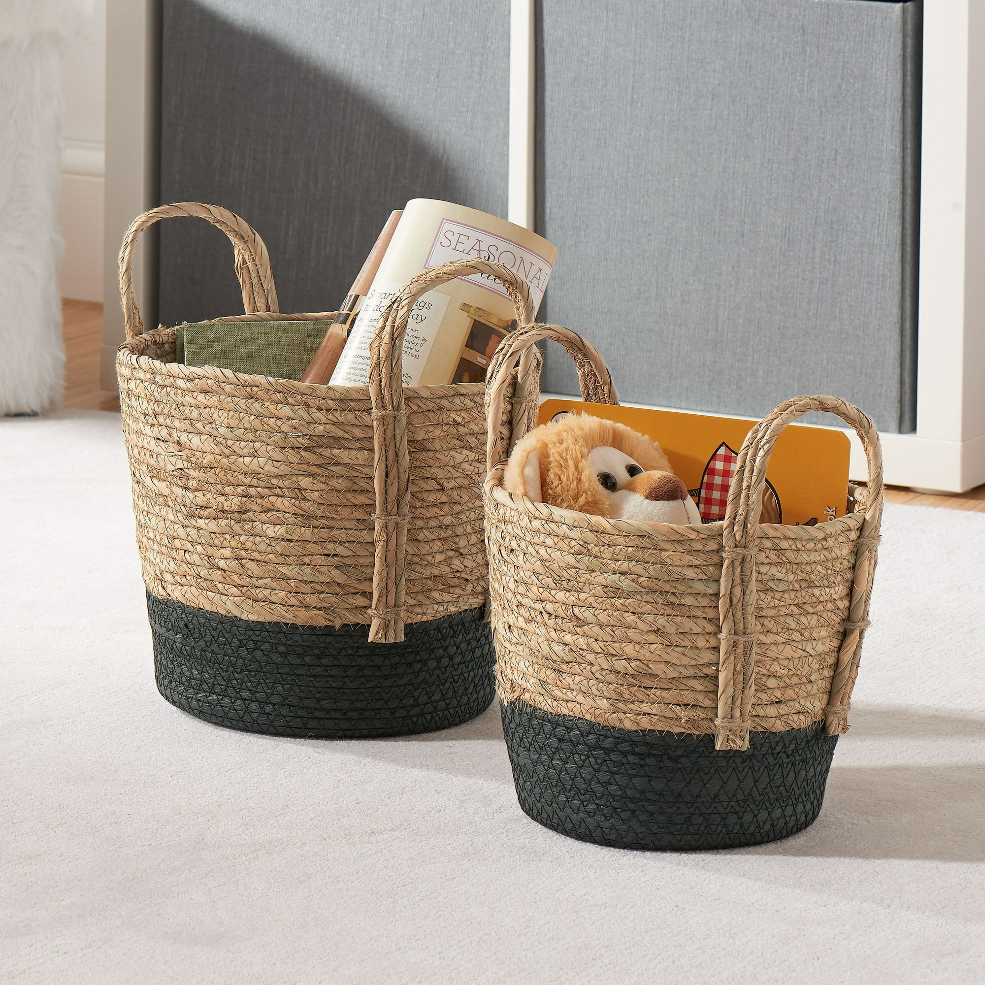 set of two woven storage baskets with handles