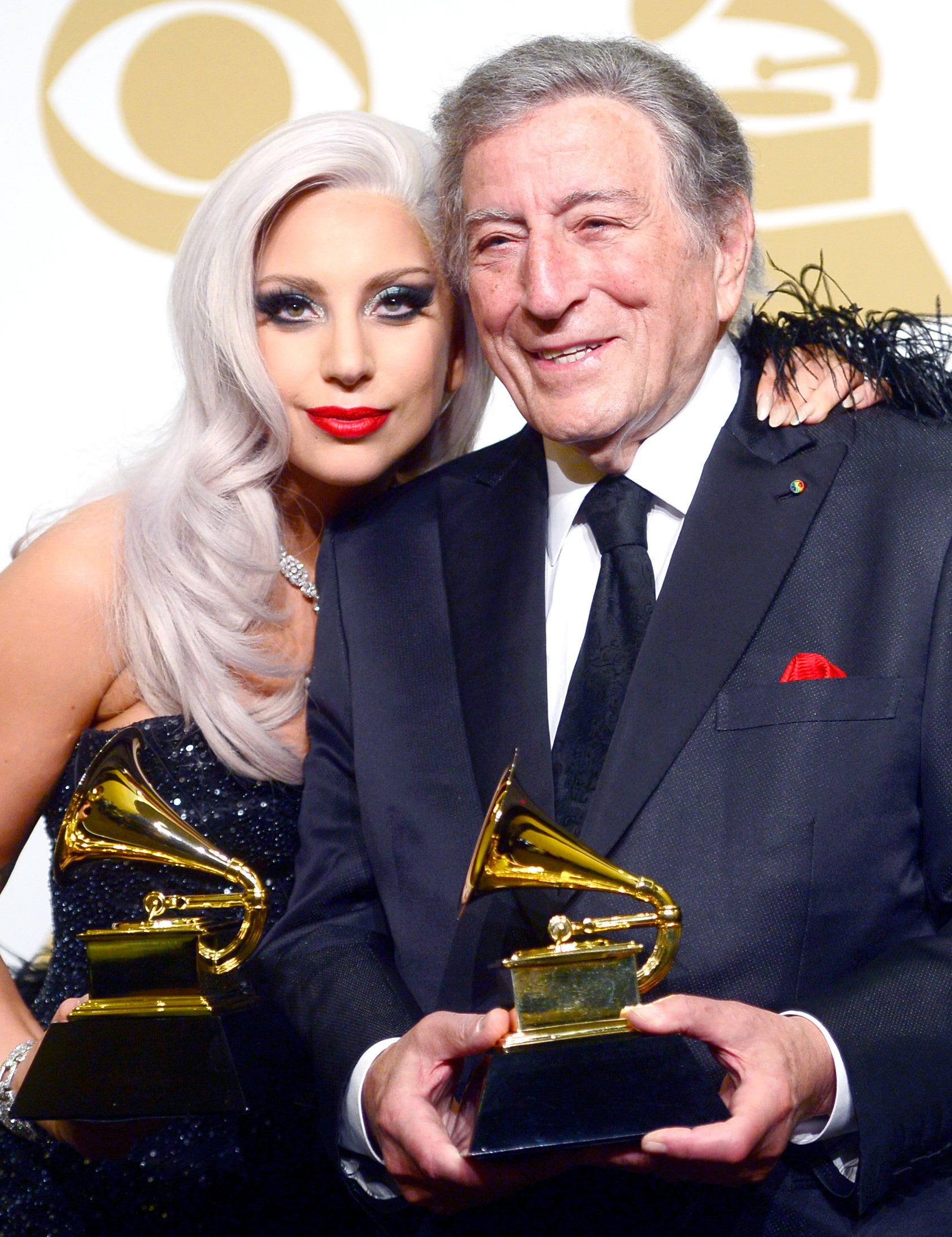 Tony and Gaga holding Grammys