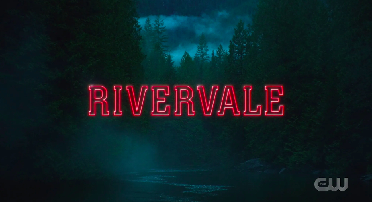 A TV series title screen, with the word &#x27;Rivervale&#x27; in the centre, in red capital letters. Behind it is a forest surrounding a river, with a dark sky in the background