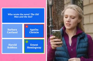 On the left, a screenshot of a quiz question that reads who wrote the novel The Old Man and the Sea with Agatha Christie incorrectly selected as the answer, and on the right, Kate McKinnon looking at her phone in an SNL sketch