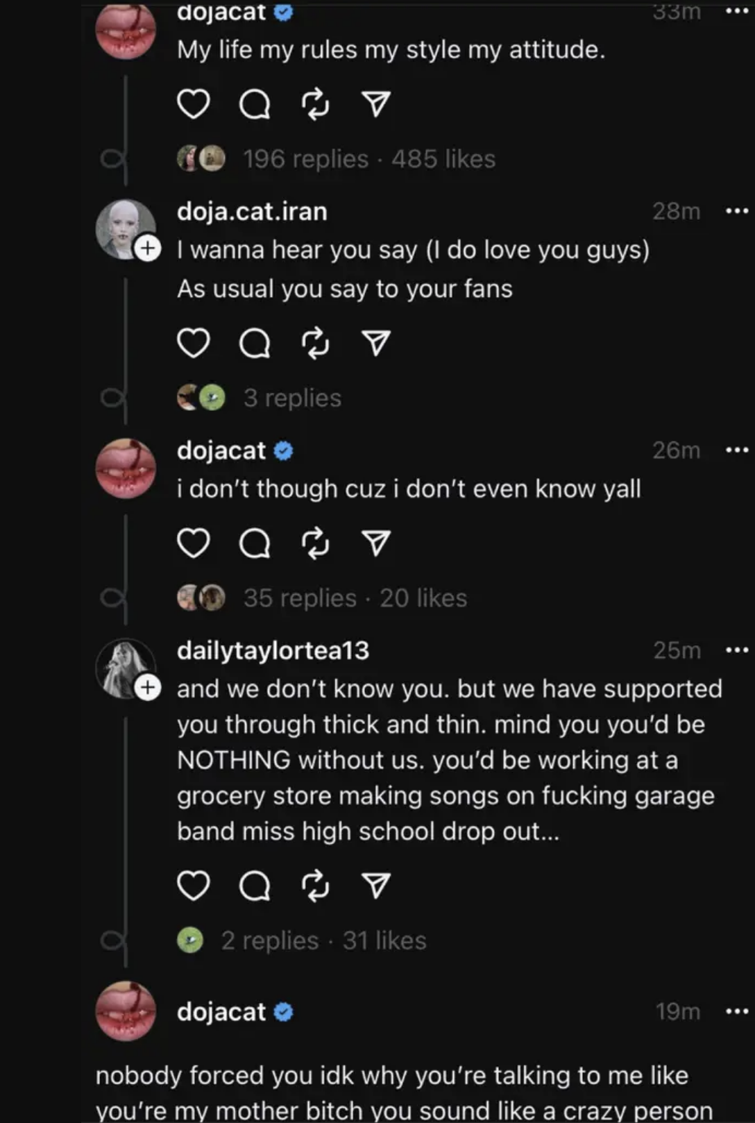 Screenshot of Doja Cat&#x27;s comments with fans