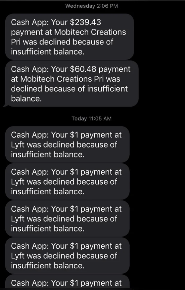 &quot;Your $1 payment at Lyft was declined because of insufficient balance.&quot;