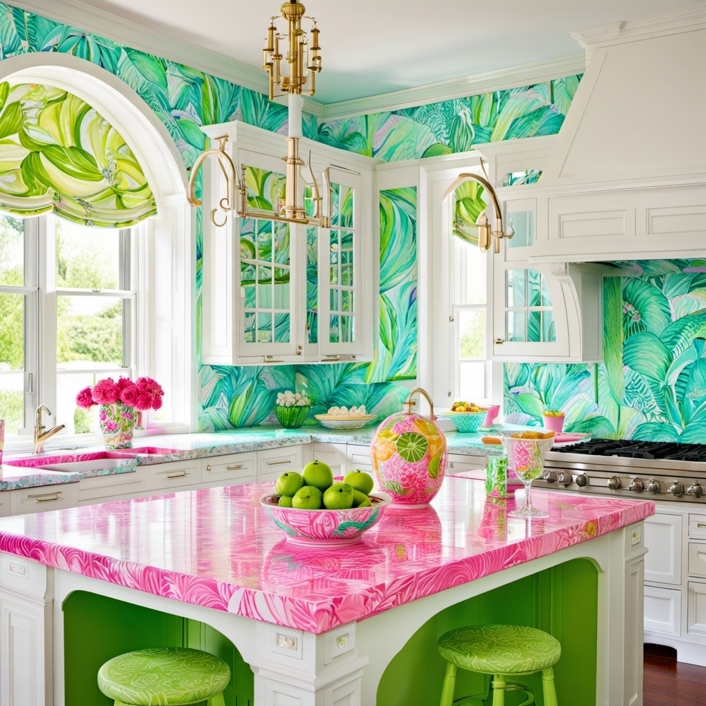 Pastel green, pink and blue kitchen with large, square island with stools and leaf wallpaper