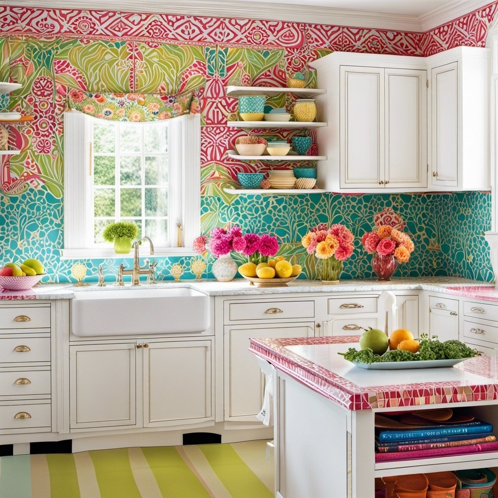 A multicolored pastel kitchen with white appliances, small island, and many flowers