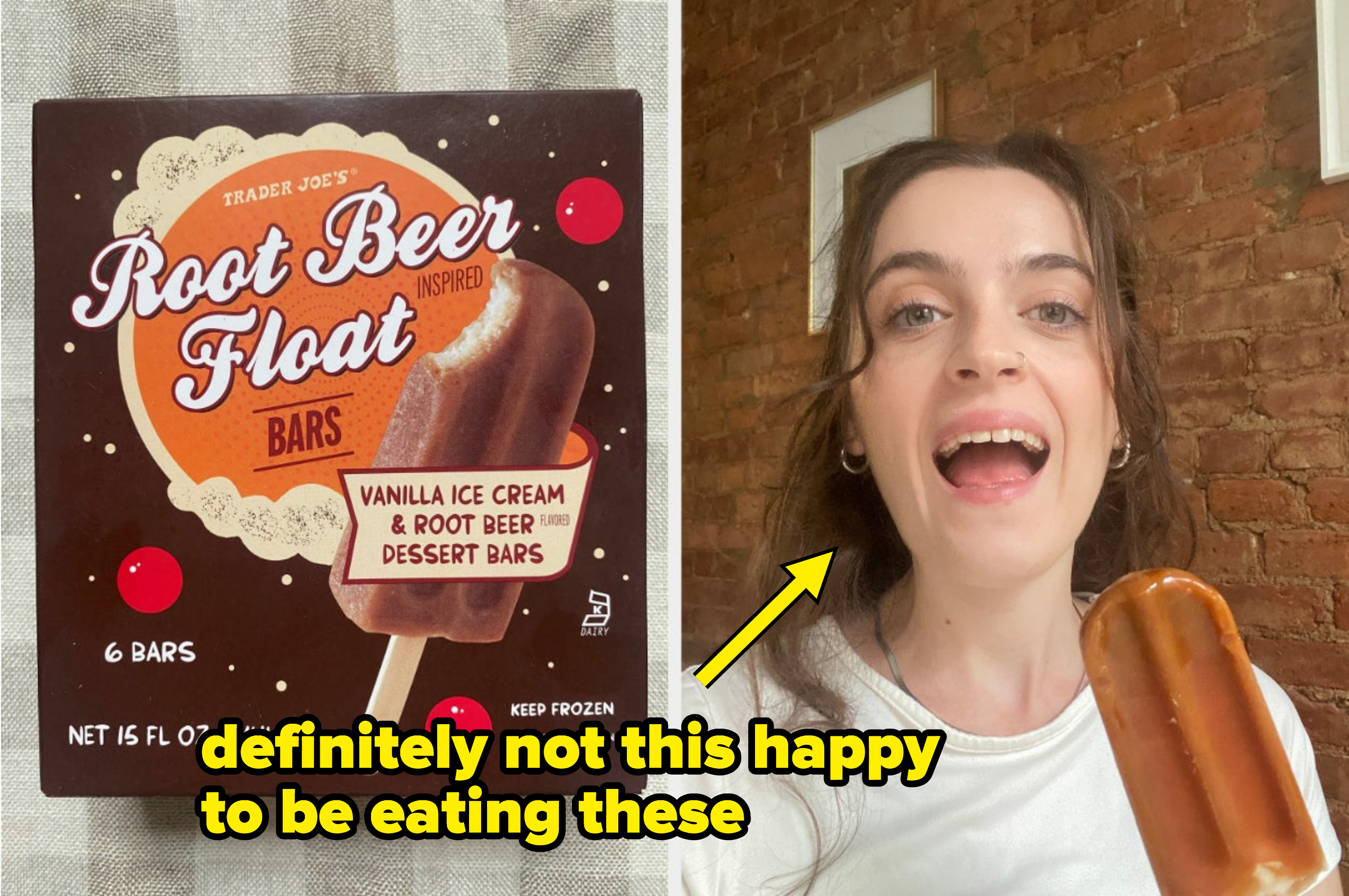 a box of root beer float bars and claudia holding one of the bars