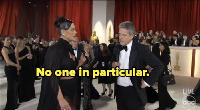 Ashley interviewing Hugh with the caption &quot;No one in particular&quot;