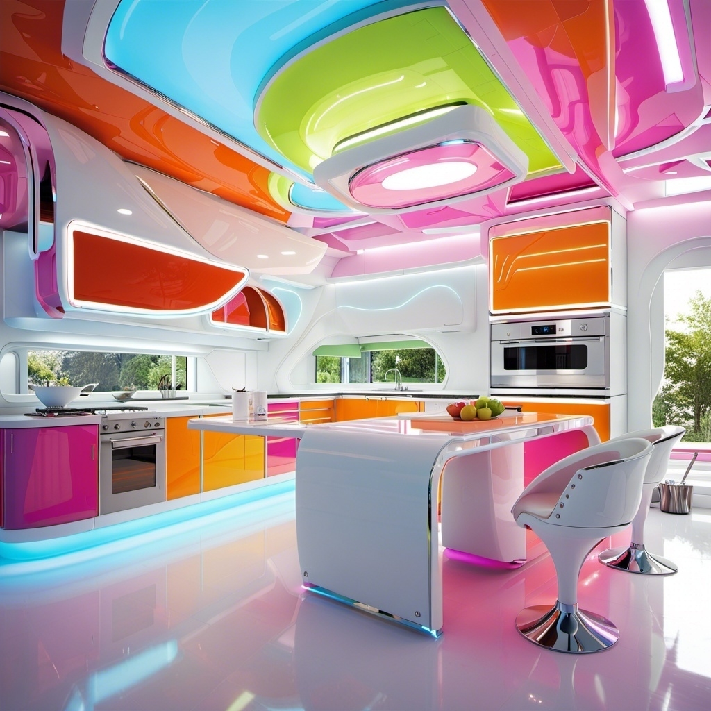 An ultra-modern, even space-age kitchen with sleek lines and pink, white, and orange appliances