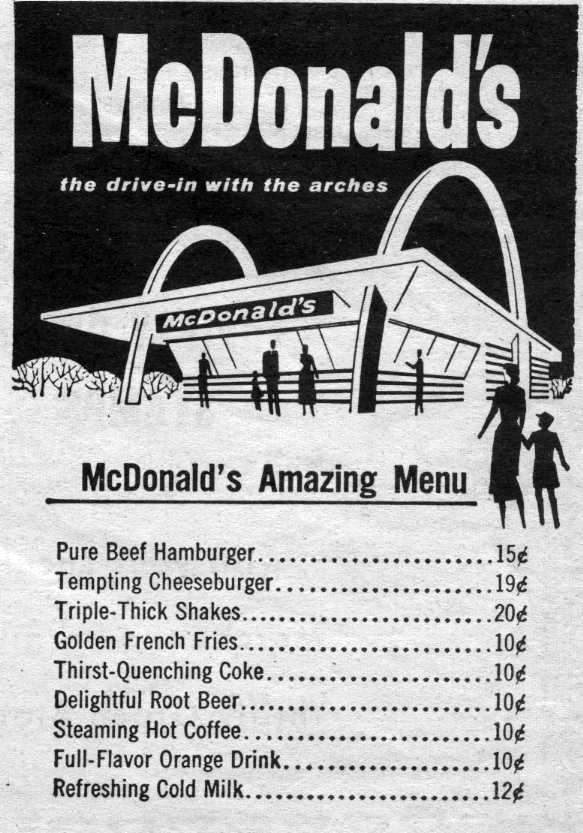 &quot;McDonald&#x27;s Amazing Menu&quot;: &quot;pure beef hamburger, tempting cheeseburger, triple-thick shakes, golden french fries, thirst-quenching Coke, delightful root beer, steaming hot coffee, full-flavor orange drink, and refreshing cold milk&quot;