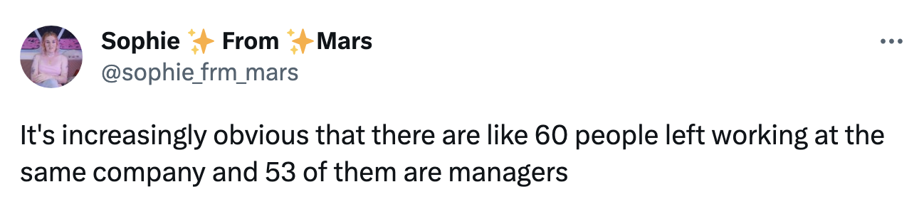 &quot;It&#x27;s increasingly obvious that there are like 60 people left working at the same company and 53 of them are managers&quot;