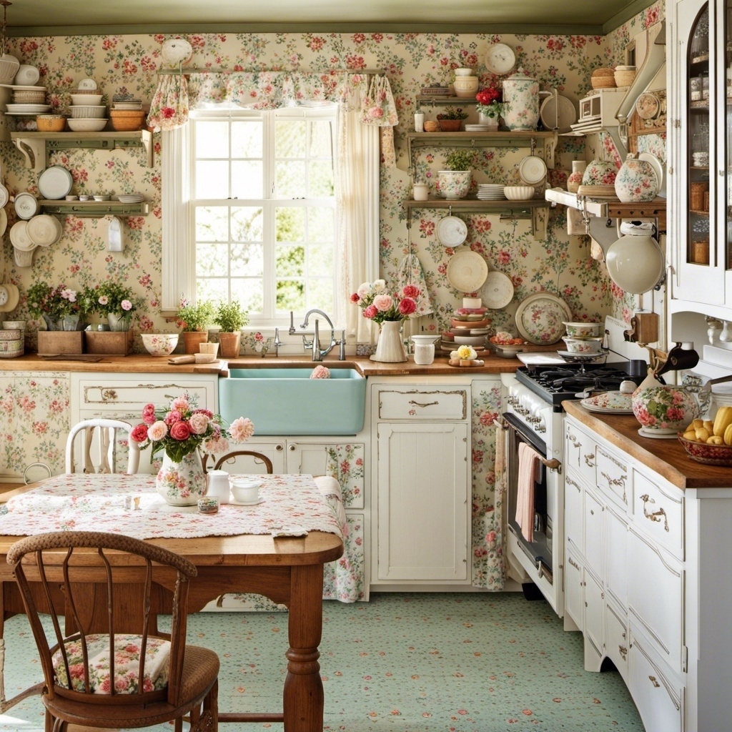 Busy, old-fashioned kitchen with small wood table, many flowers, and floral themes