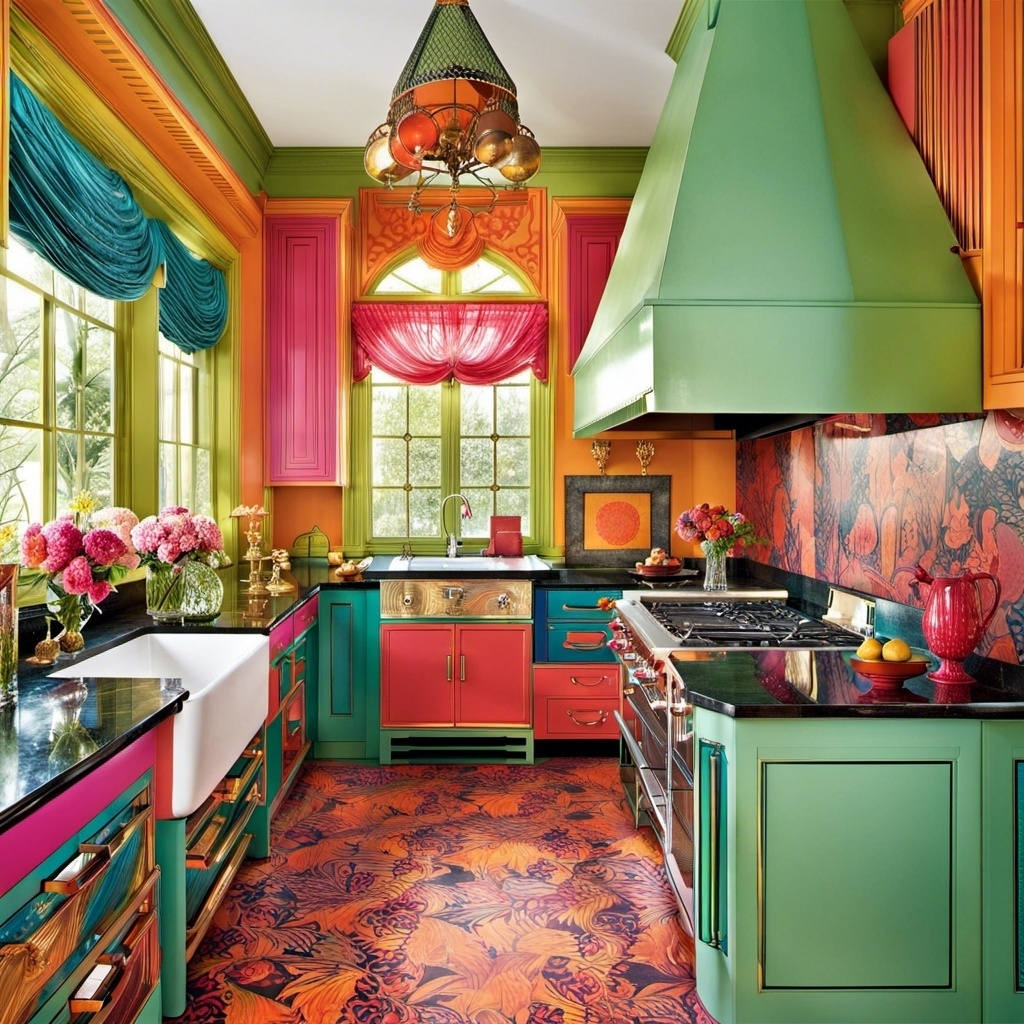 Colorful kitchen with leafy floor tiling, bouquets of flowers, and simple appliances