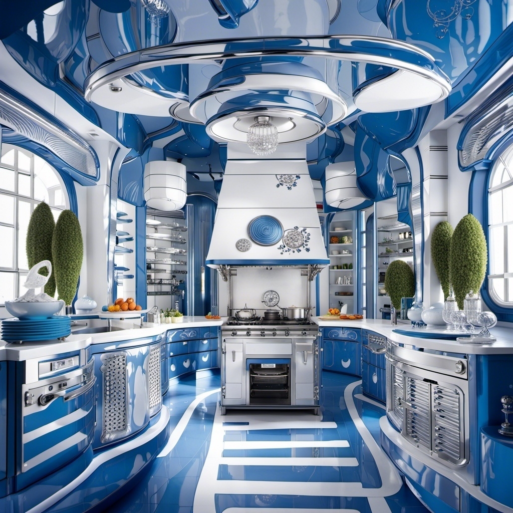 Blue and white modern kitchen with range-top stove  and oblong shaped plants
