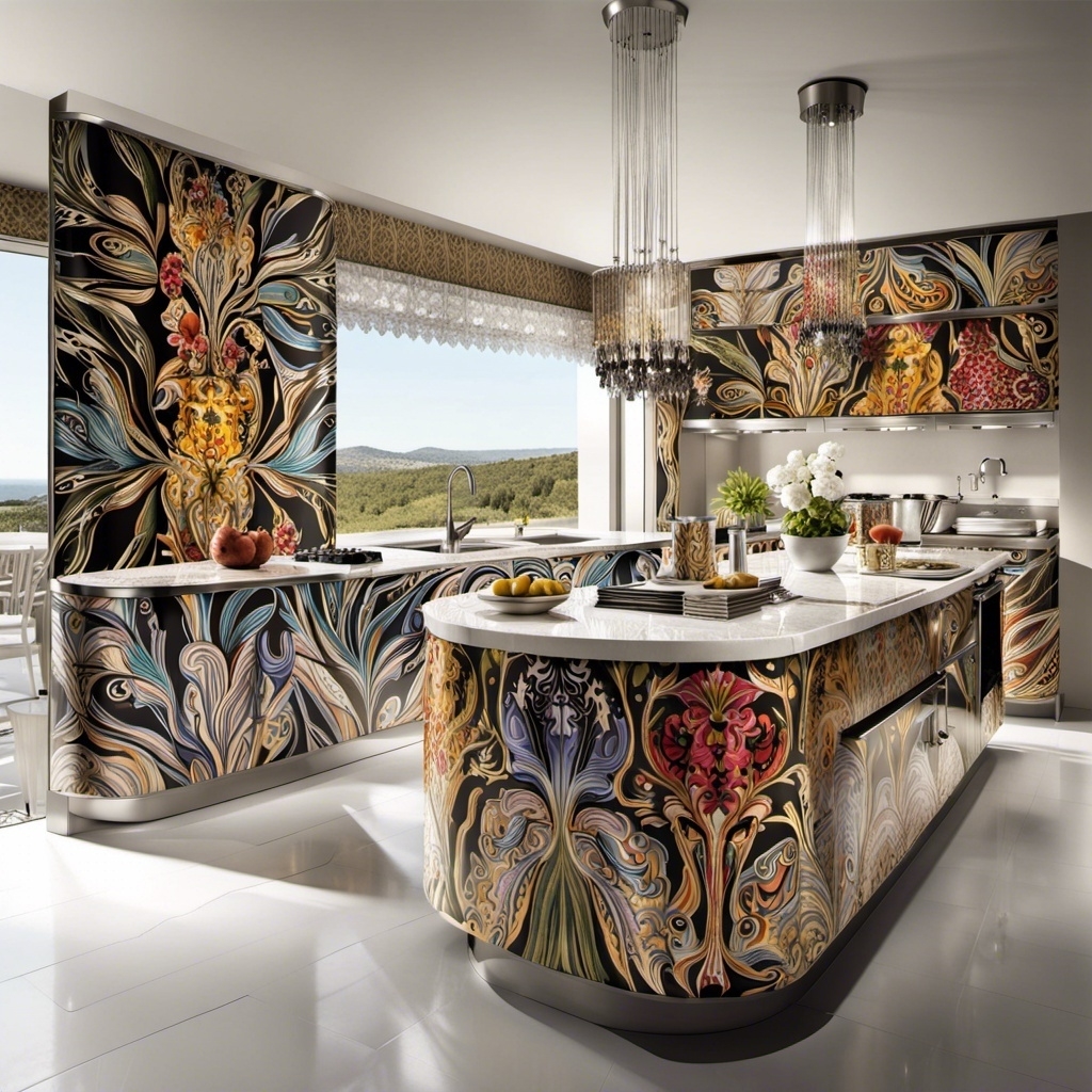 Modern kitchen with spirally print design that opens onto a scenic mountainous view