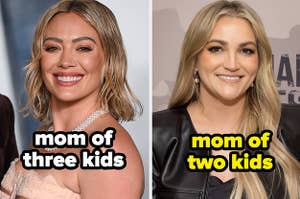 Hilary Duff and Jamie Lynn Spears on the red carpet, text: mom of three kids / mom of two kids