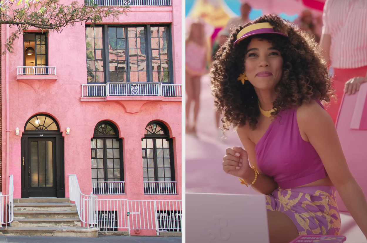 On the left, the exterior of an apartment building, and on the right, Alexandra Shipp smiling on the beach as a Barbie in the Barbie movie