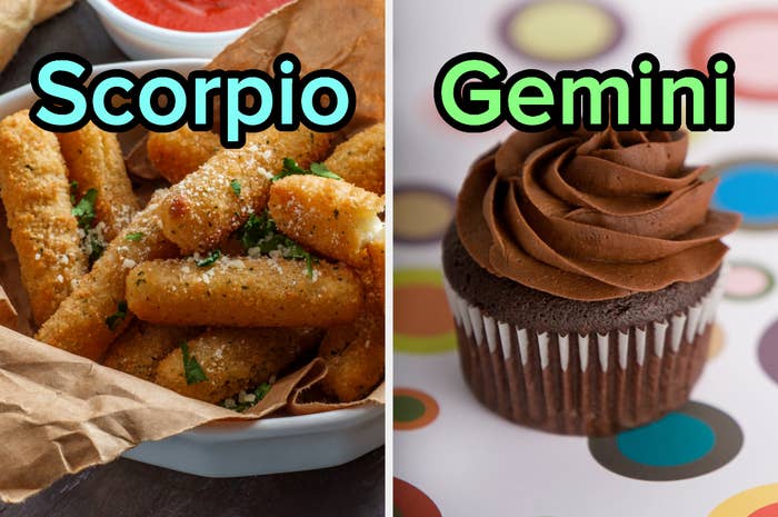 On the left, mozzarella sticks labeled Scorpio, and on the right, a chocolate cupcake labeled Gemini