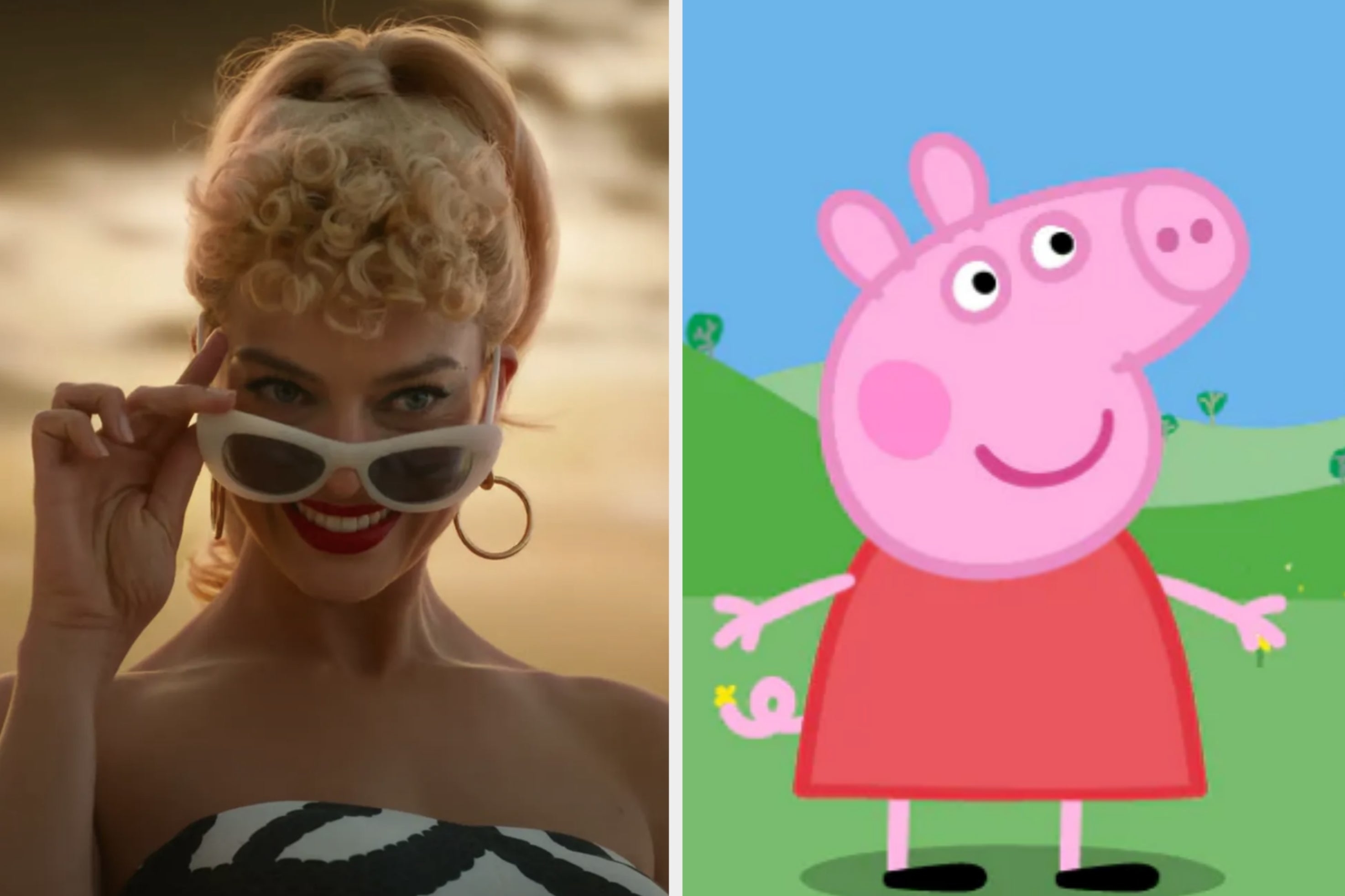 On the left, Margot Robbie smiling and lowering her sunglasses as Barbie, and on the right, Peppa Pig