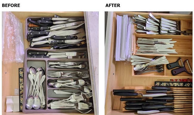 Reviewer image of clutter drawer before using the organizer and more organized drawer after using the organizer