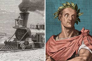 An old train next to a separate image of Julius Caesar