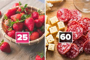 An image of strawberries labeled "25" on the left side and an image of charcuterie labeled "60" on the right side.