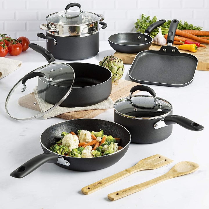 the 12-piece non-stick cookware set in black with bamboo utensils